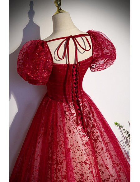 Elegant wine red hanging neck bow square neck short sleeved evening dress wine red backless and ground length evening dress