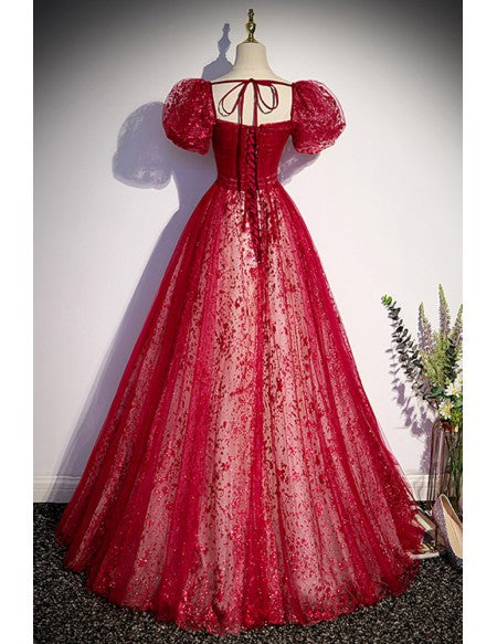 Elegant wine red hanging neck bow square neck short sleeved evening dress wine red backless and ground length evening dress