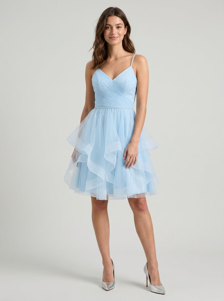 Dreamy A-Line Sweetheart Sleeveless Lace-Up Back Short Tiered Tulle Homecoming Dresses