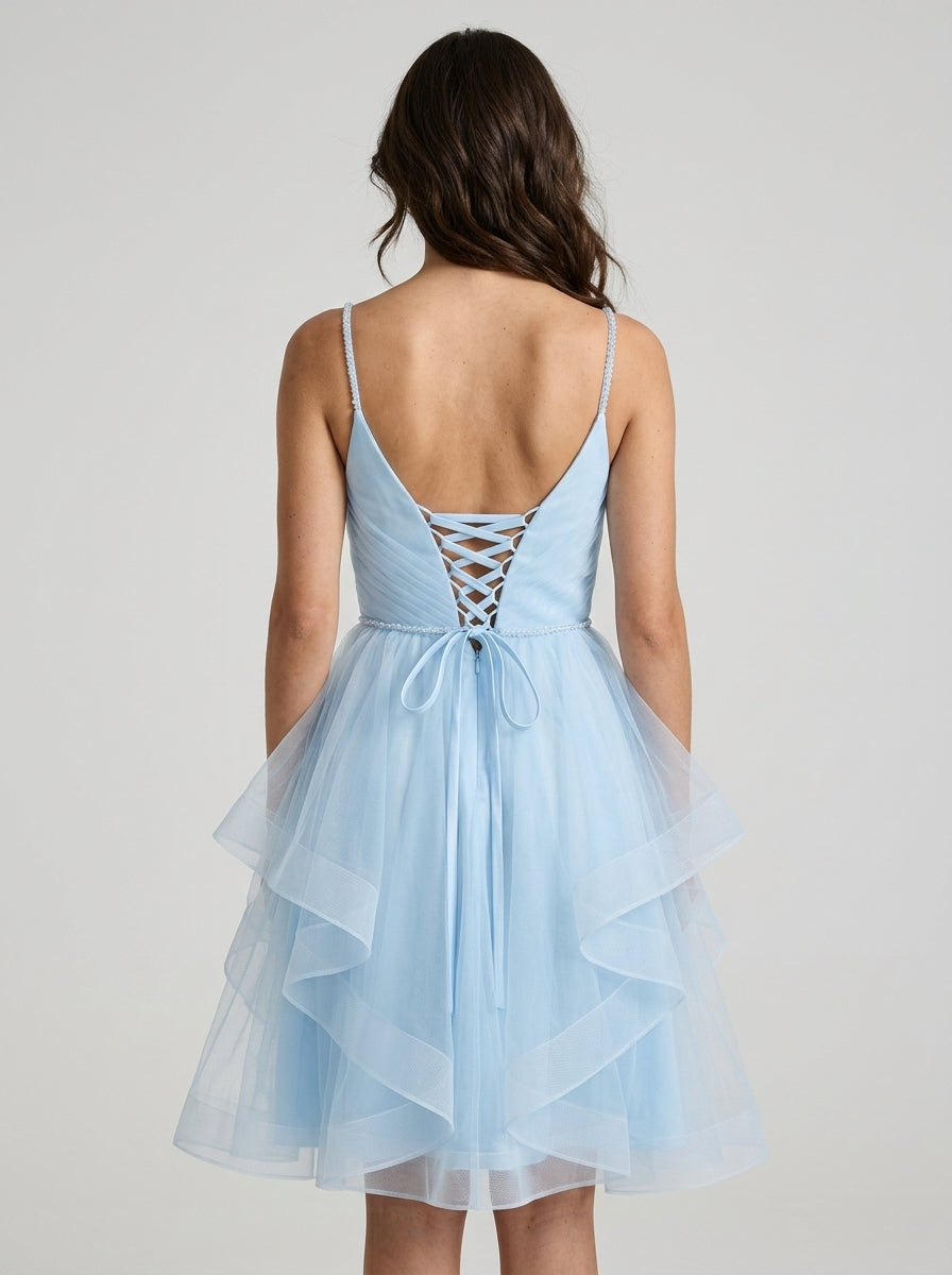 Dreamy A-Line Sweetheart Sleeveless Lace-Up Back Short Tiered Tulle Homecoming Dresses