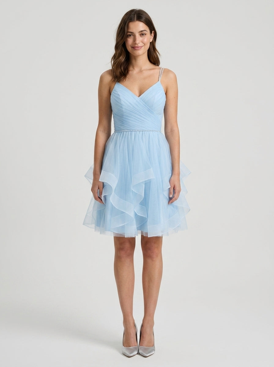 Dreamy A-Line Sweetheart Sleeveless Lace-Up Back Short Tiered Tulle Homecoming Dresses