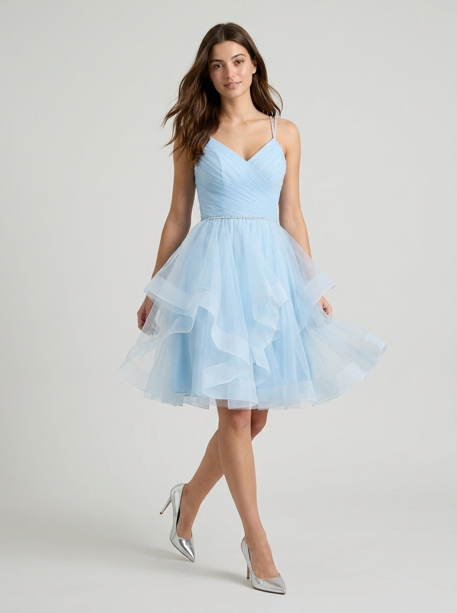 Dreamy A-Line Sweetheart Sleeveless Lace-Up Back Short Tiered Tulle Homecoming Dresses