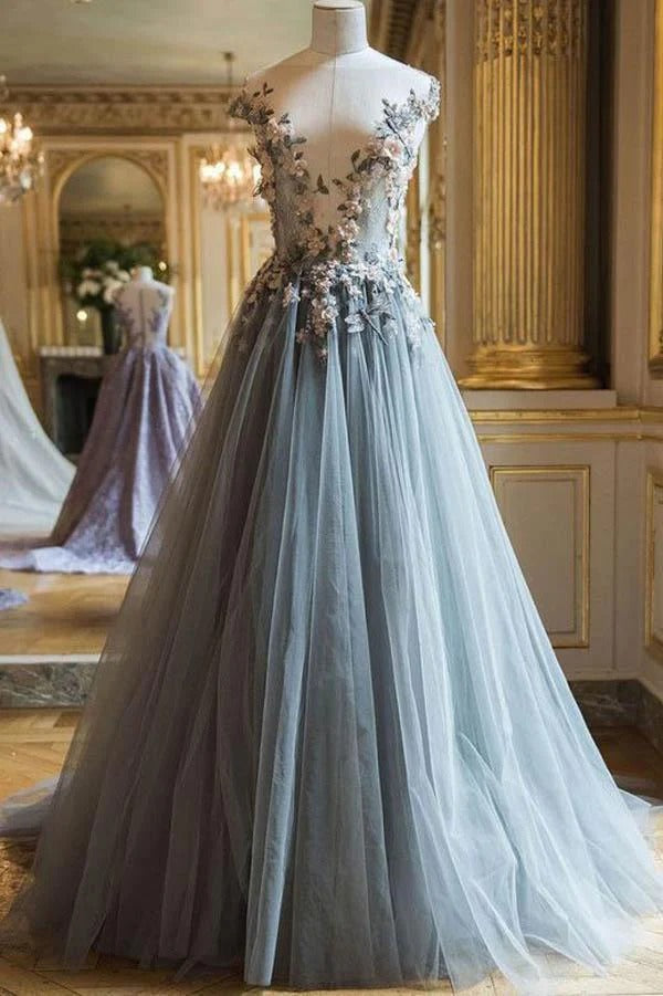 Dusty Blue 3D Floral Lace Tulle Gown with Illusion Neckline