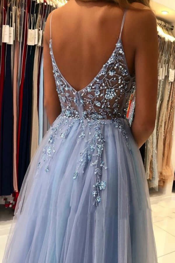 Dusty Blue Beaded Tulle Spaghetti Strap Gown with Open Back and Slit