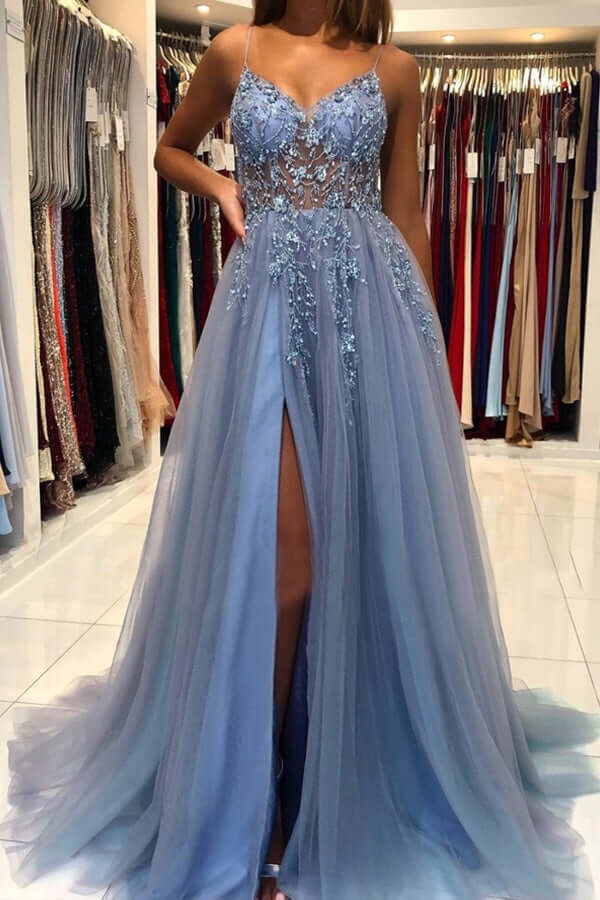 Dusty Blue Beaded Tulle Spaghetti Strap Gown with Open Back and Slit