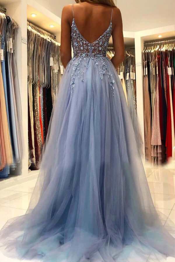 Dusty Blue Beaded Tulle Spaghetti Strap Gown with Open Back and Slit
