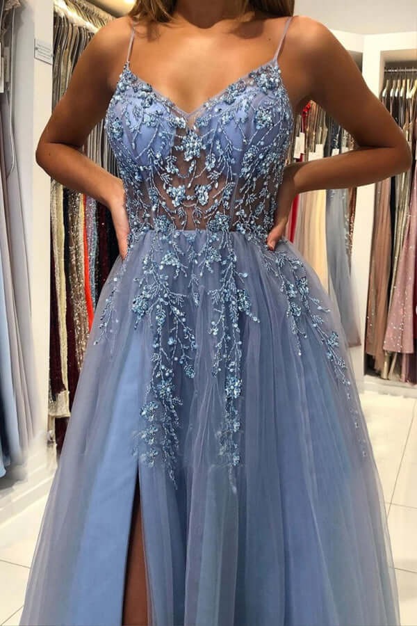Dusty Blue Beaded Tulle Spaghetti Strap Gown with Open Back and Slit