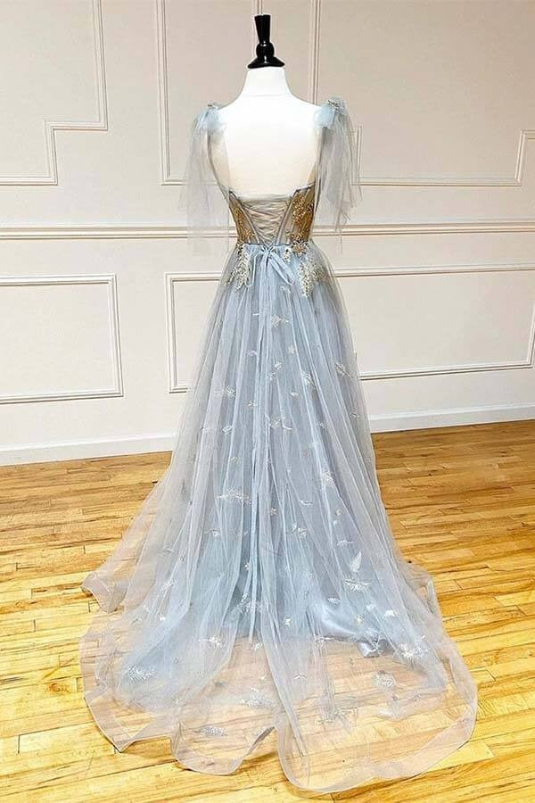 Dusty Blue Gold Embroidered Tulle A-Line Gown – Corset Backless Prom Wedding Dress