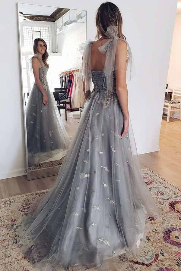 Dusty Blue Gold Embroidered Tulle A-Line Gown – Corset Backless Prom Wedding Dress