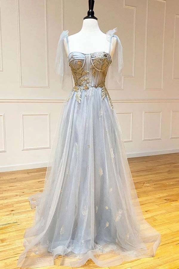 Dusty Blue Gold Embroidered Tulle A-Line Gown – Corset Backless Prom Wedding Dress