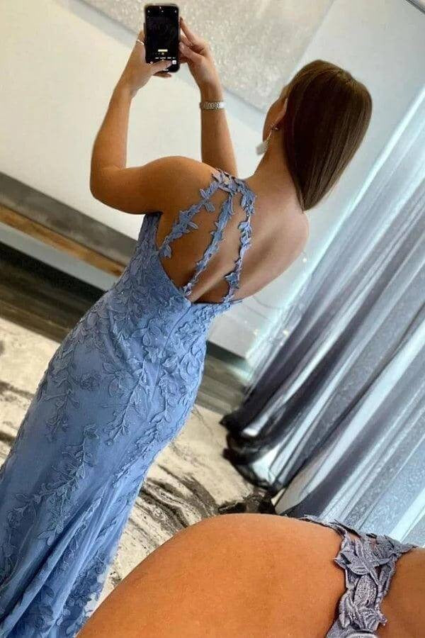 Dusty Blue Lace Appliqué One-Shoulder Mermaid Maxi Gown