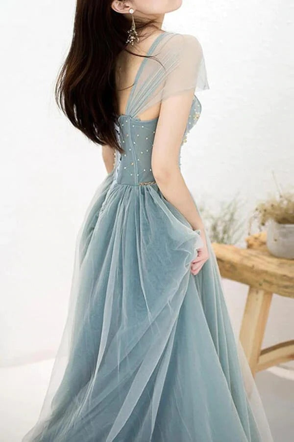 Dusty Blue Off-the-Shoulder Star Beaded Tulle Gown with Golden Belt