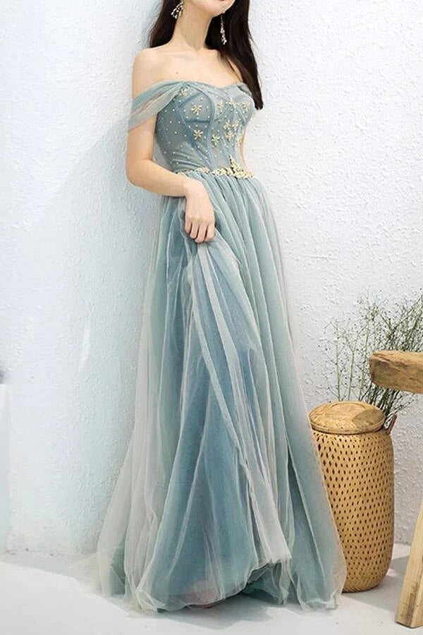 Dusty Blue Off-the-Shoulder Star Beaded Tulle Gown with Golden Belt
