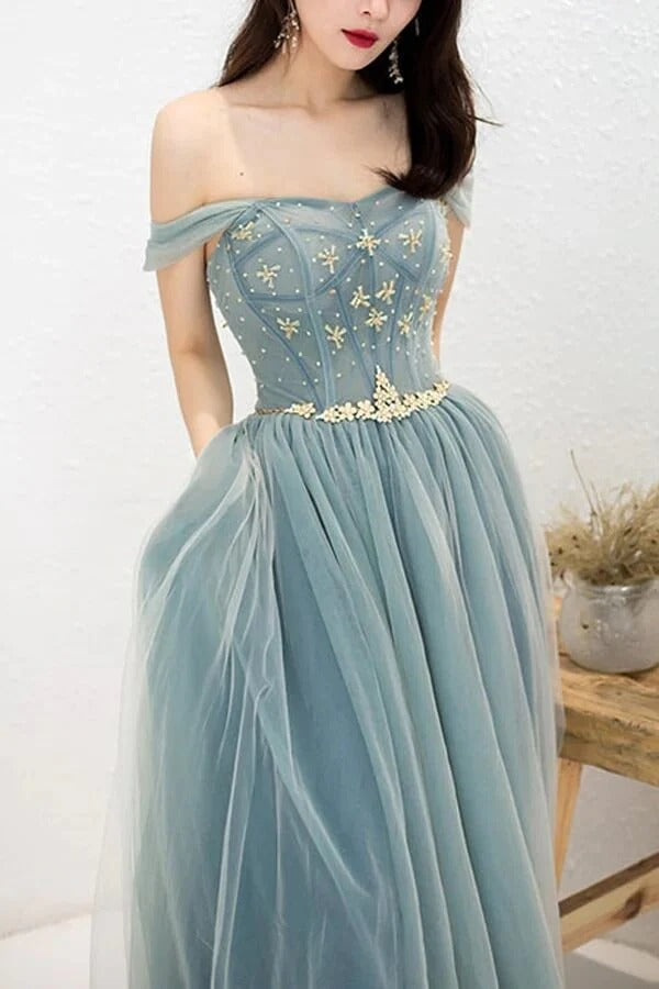 Dusty Blue Off-the-Shoulder Star Beaded Tulle Gown with Golden Belt