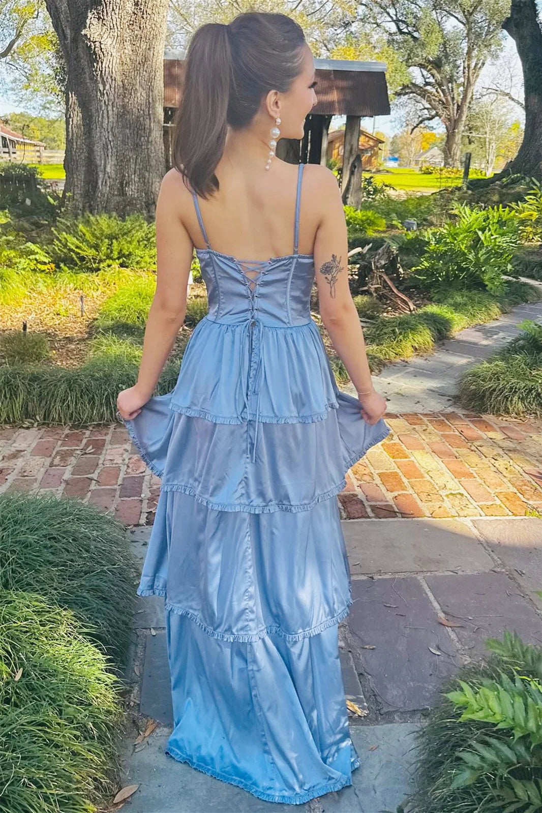 Dusty Blue Satin Evening Dress with Tiered Ruffled Skirt & Lace-Up Back