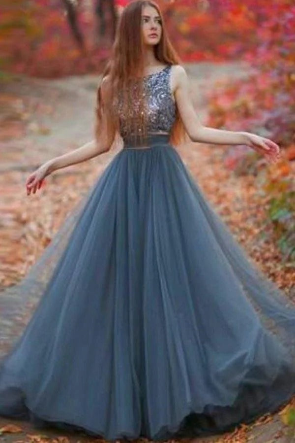 Dusty Blue Sequin & Tulle Maxi Dress – Sleeveless Beaded Bodice Formal Gown