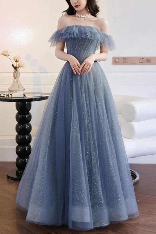 Dusty Blue Tulle Off-the-Shoulder Ball Gown with Velvet Belt