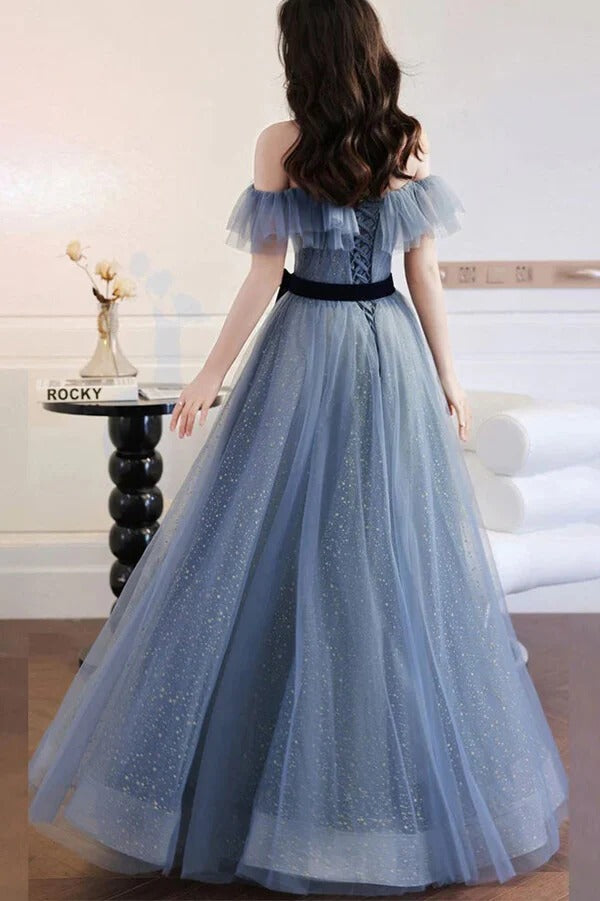 Dusty Blue Tulle Off-the-Shoulder Ball Gown with Velvet Belt