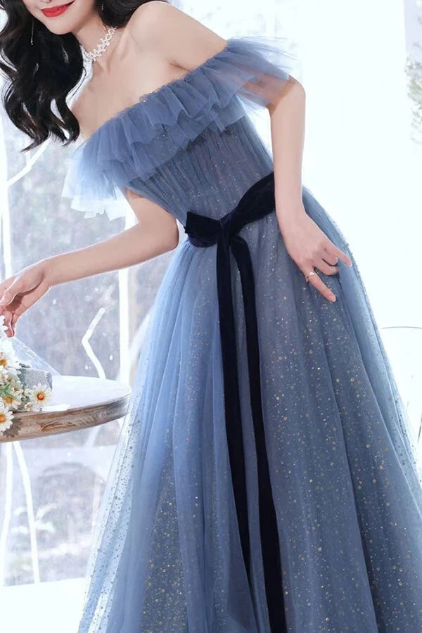 Dusty Blue Tulle Off-the-Shoulder Ball Gown with Velvet Belt