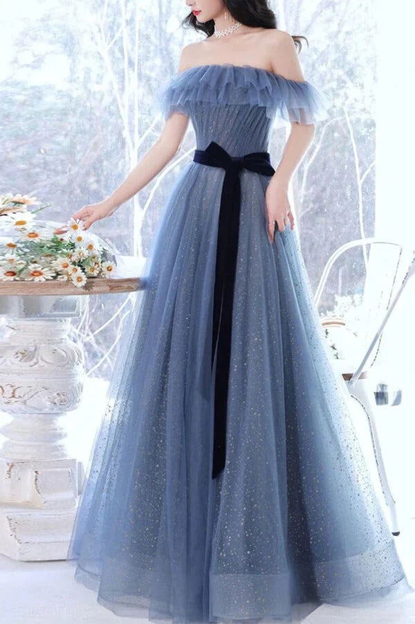 Dusty Blue Tulle Off-the-Shoulder Ball Gown with Velvet Belt