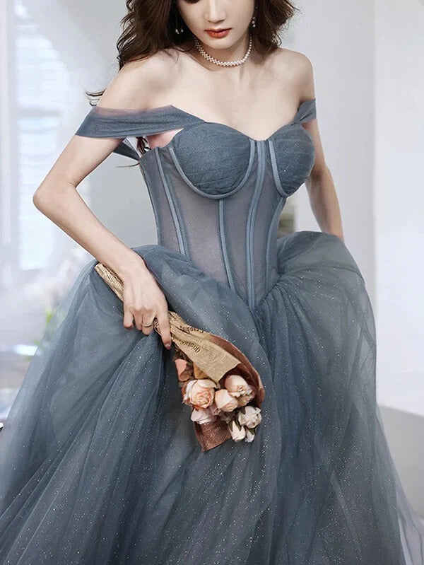 Dusty Blue Tulle Off-the-Shoulder Corset Ball Gown