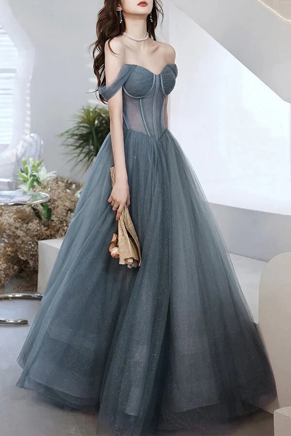 Dusty Blue Tulle Off-the-Shoulder Corset Ball Gown