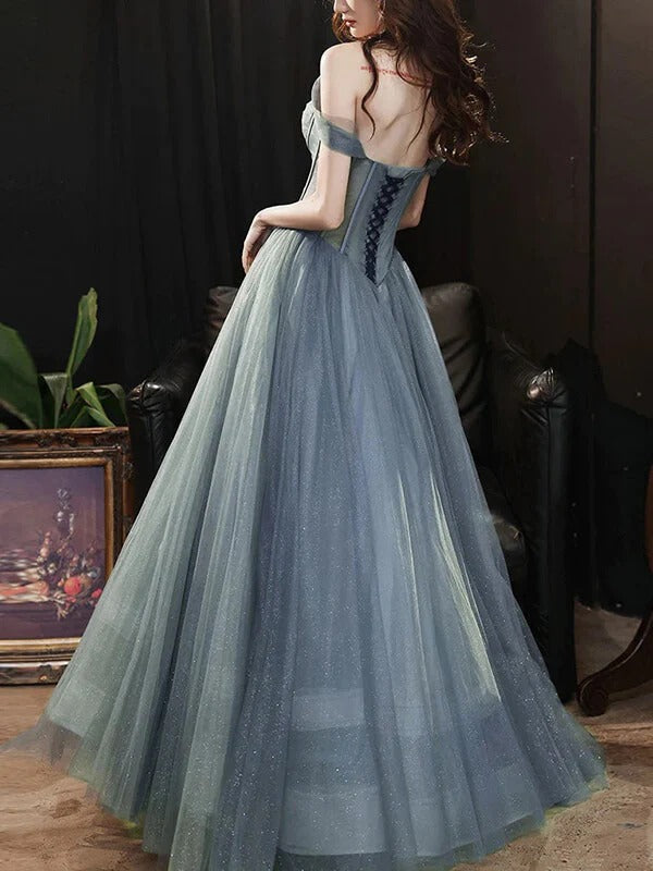 Dusty Blue Tulle Off-the-Shoulder Corset Ball Gown