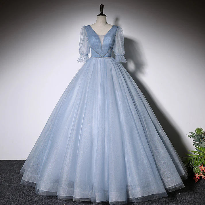 Dusty Blue Tulle V-neck Puff Sleeve Ball Gown Evening Dresses with Lace-up Back