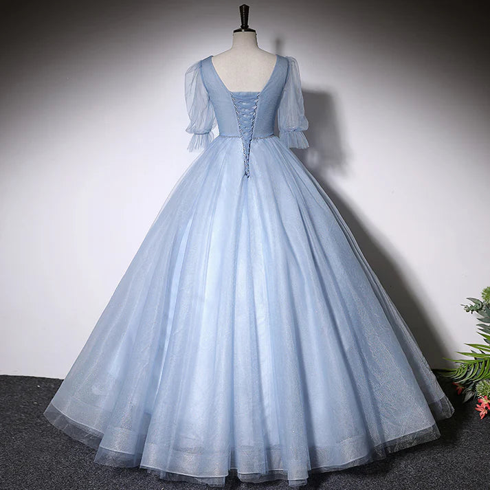 Dusty Blue Tulle V-neck Puff Sleeve Ball Gown Evening Dresses with Lace-up Back