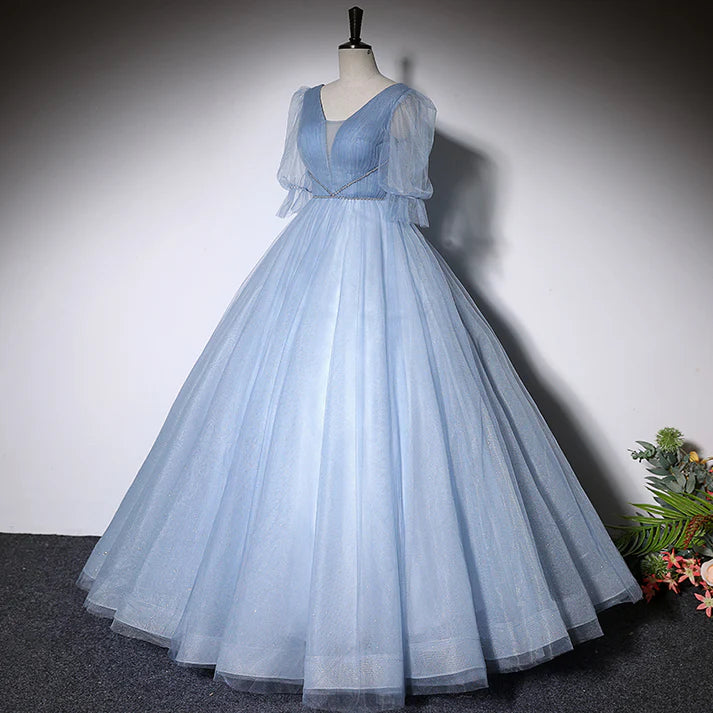 Dusty Blue Tulle V-neck Puff Sleeve Ball Gown Evening Dresses with Lace-up Back