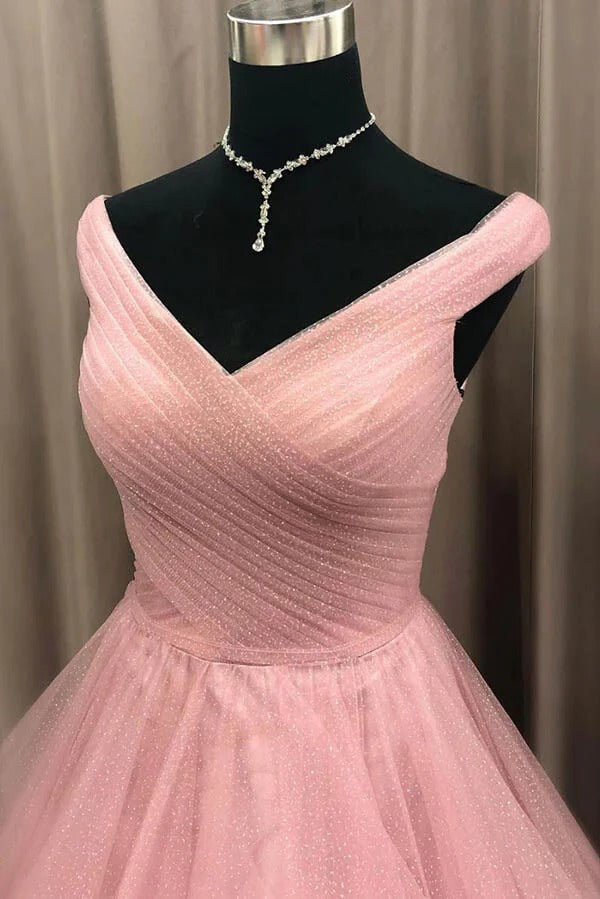Dusty Pink Glitter Tulle Off-the-Shoulder Tiered Ball Gown