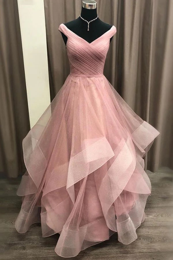Dusty Pink Glitter Tulle Off-the-Shoulder Tiered Ball Gown