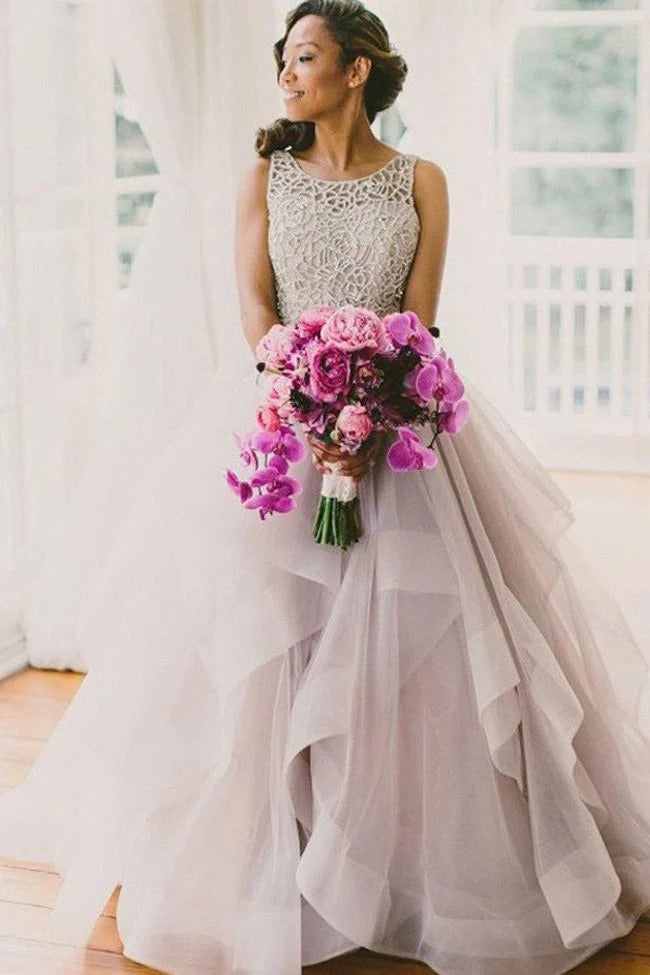 Dusty Rose Beaded Lace Tulle Gown with Layered Ruffle Skirt