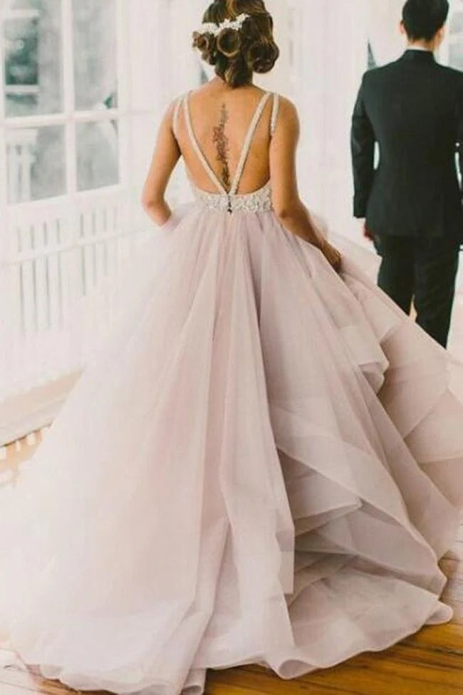Dusty Rose Beaded Lace Tulle Gown with Layered Ruffle Skirt