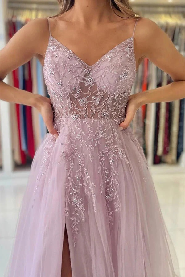 Dusty Rose Spaghetti-Strap Beaded Lace Appliqué Tulle A-Lain Maxi Dress with Slit