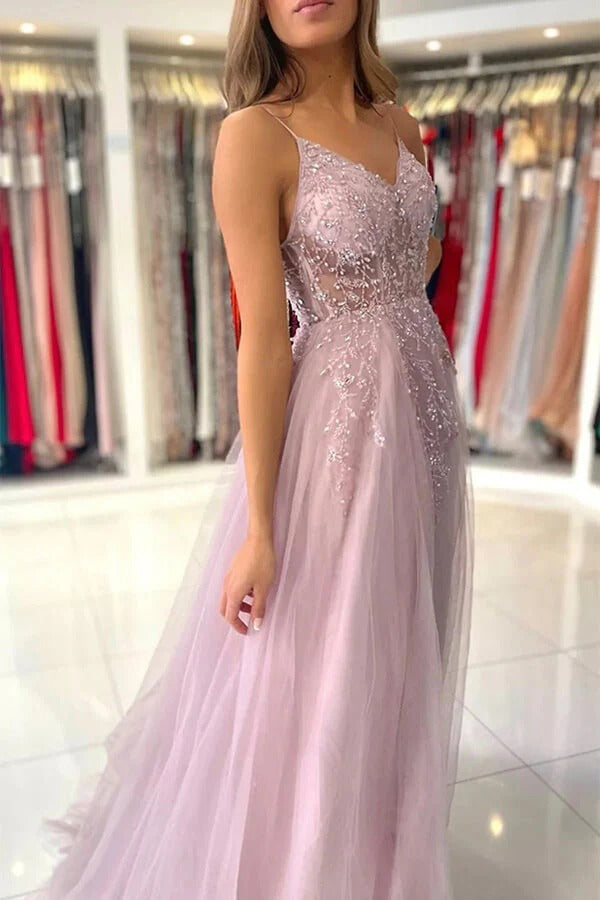 Dusty Rose Spaghetti-Strap Beaded Lace Appliqué Tulle A-Lain Maxi Dress with Slit