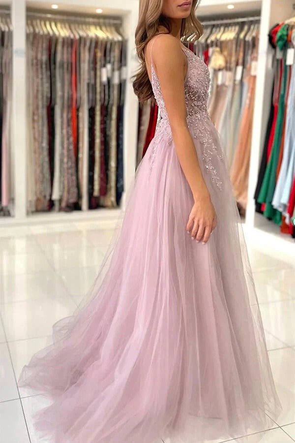 Dusty Rose Spaghetti-Strap Beaded Lace Appliqué Tulle A-Lain Maxi Dress with Slit