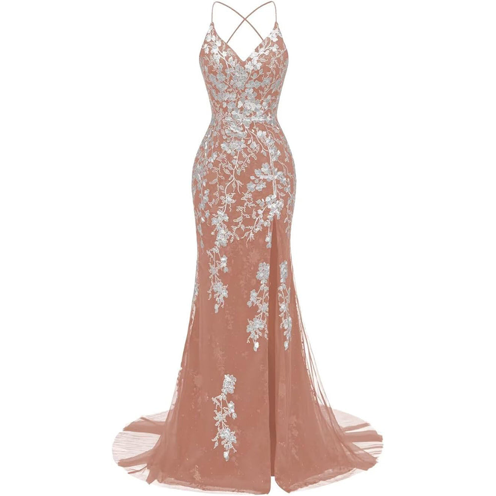 Meerjungfrau-Ballkleid aus italienischer Spitze mit Nudelträgern