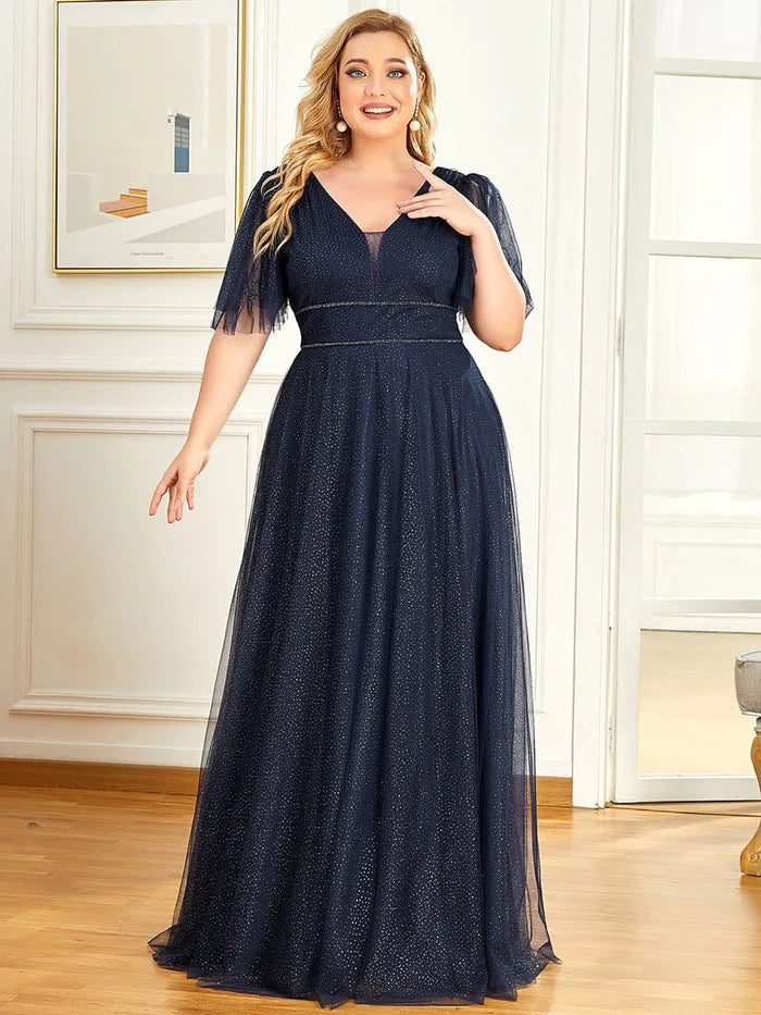 Große Größen – Formelles Abendkleid aus Tüll mit V-Ausschnitt und Rüschenärmeln 