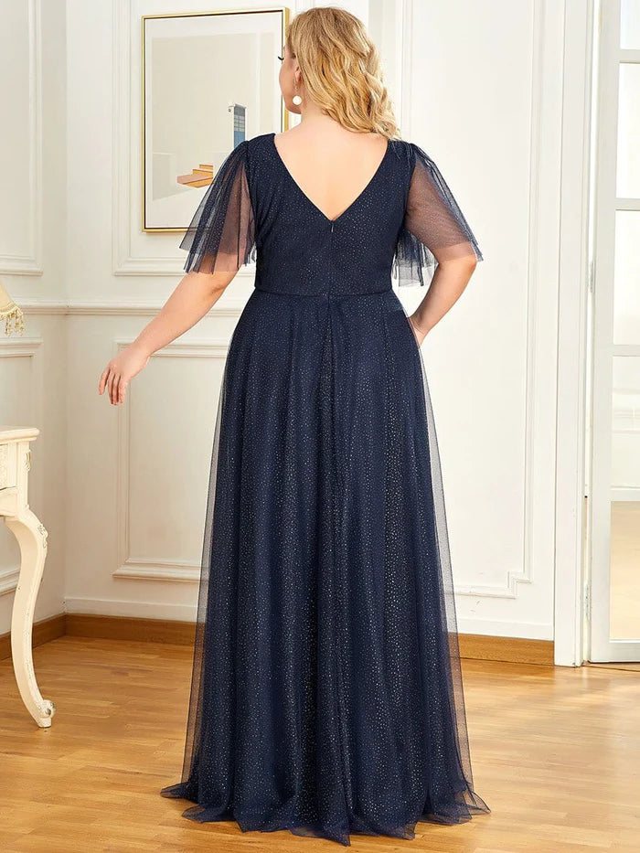 Große Größen – Formelles Abendkleid aus Tüll mit V-Ausschnitt und Rüschenärmeln 
