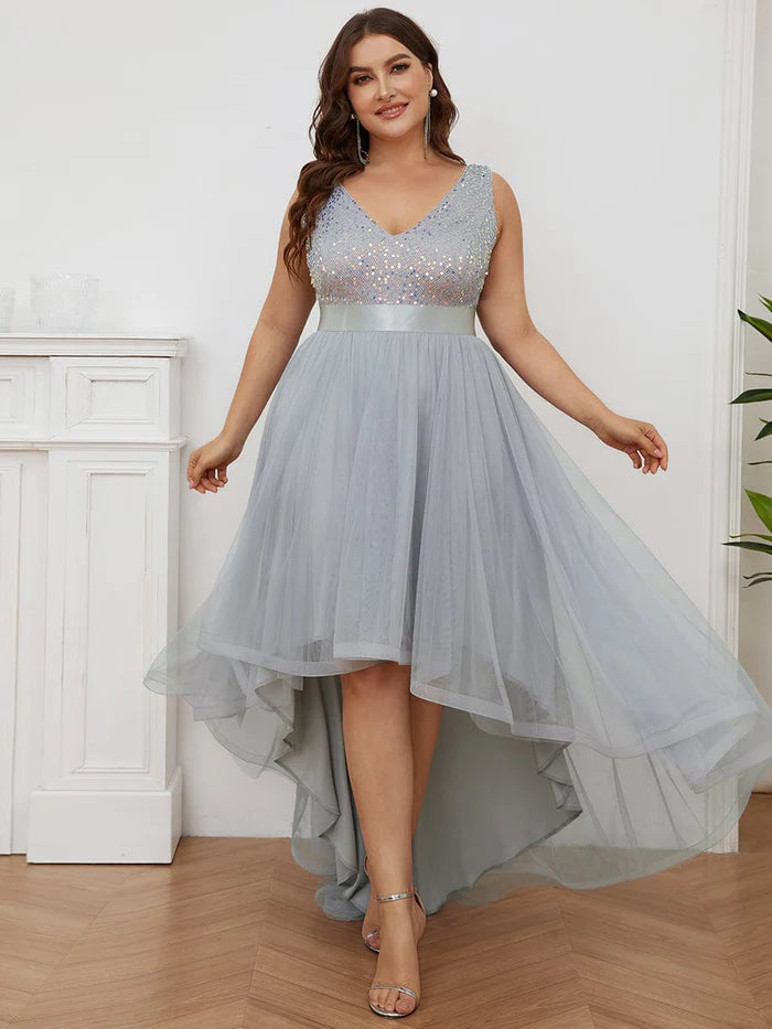 Sleeveless Sequin Ribbon Waist Tulle High Low Evening Dress