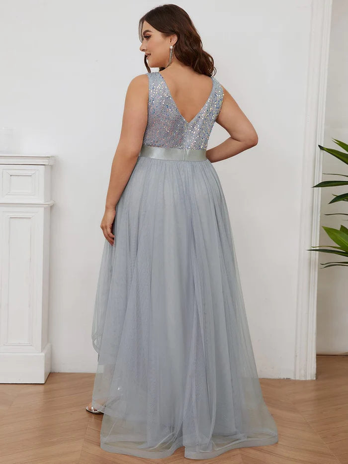 Sleeveless Sequin Ribbon Waist Tulle High Low Evening Dress