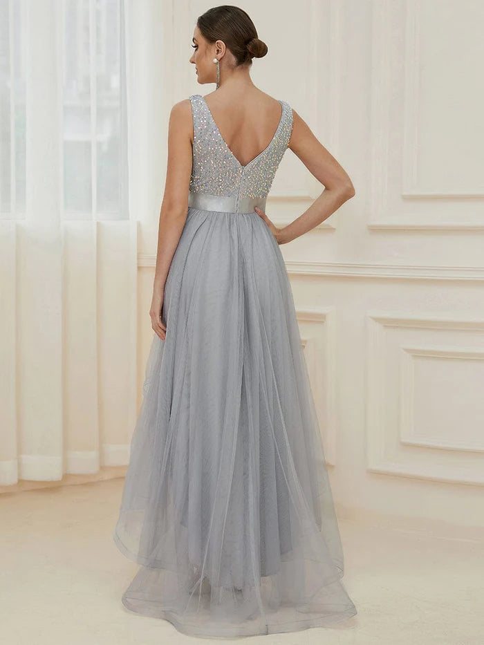 Sleeveless Sequin Ribbon Waist Tulle High Low Evening Dress