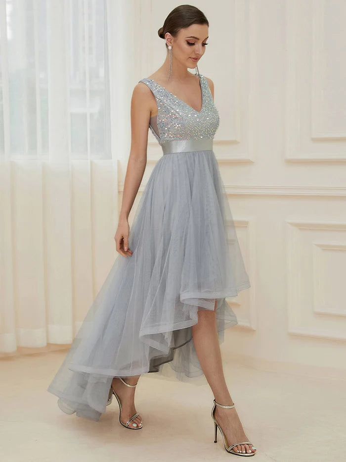 Sleeveless Sequin Ribbon Waist Tulle High Low Evening Dress