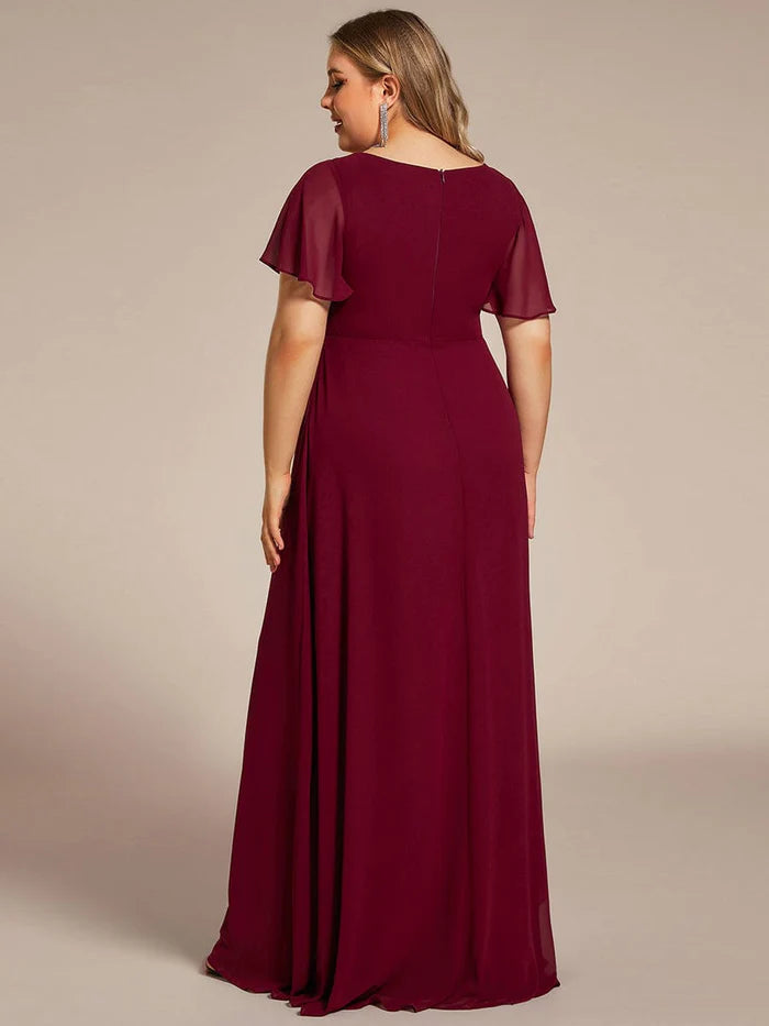 Plus Size Chiffon-Abendkleid mit hohem Schlitz und Blatt-Empire-Taille 