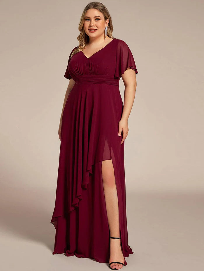 Plus Size Chiffon-Abendkleid mit hohem Schlitz und Blatt-Empire-Taille 