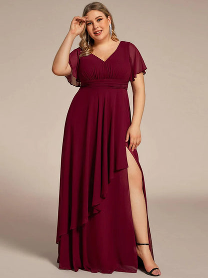 Plus Size Chiffon-Abendkleid mit hohem Schlitz und Blatt-Empire-Taille 