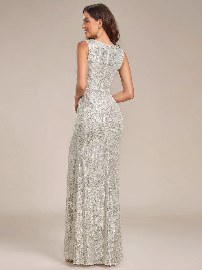 Robe de soirée brillante sans manches à paillettes, décolleté en V profond et fente haute