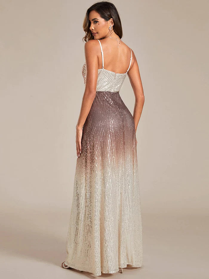A-Linien-Abendkleid mit Spaghettiträgern und V-Ausschnitt und Farbverlauf-Pailletten 