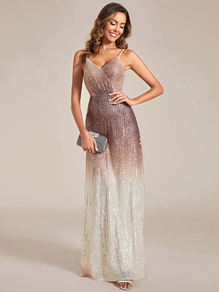 A-Linien-Abendkleid mit Spaghettiträgern und V-Ausschnitt und Farbverlauf-Pailletten 